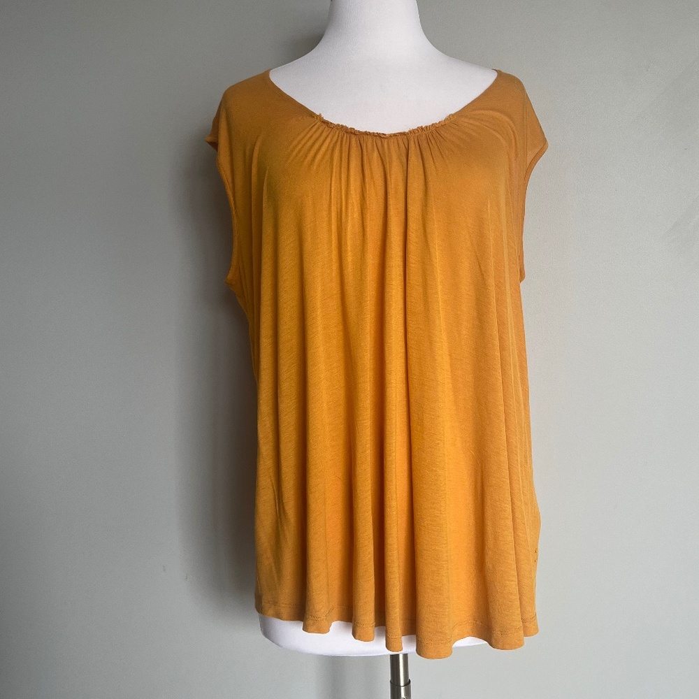 Marina Yachting Women's Mustard Yellow Silk Blend Ruched Neck Blouse T-shirt Top